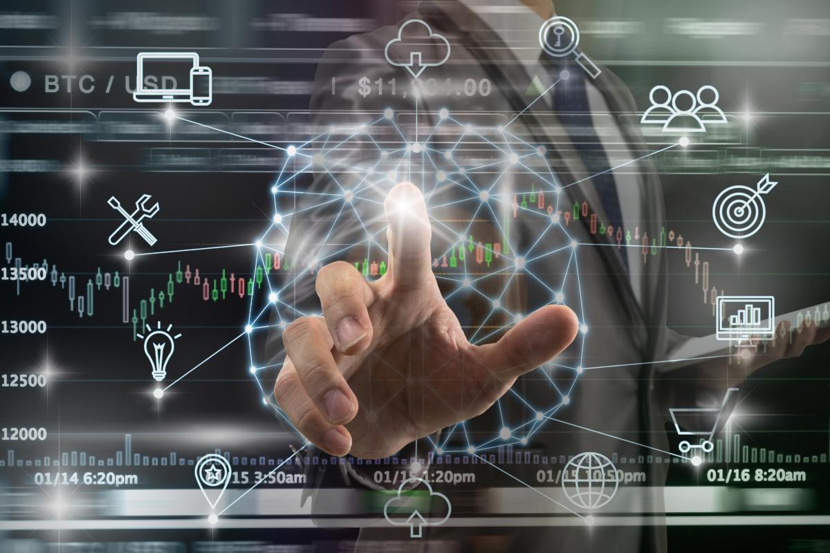 Man touching digital network icons