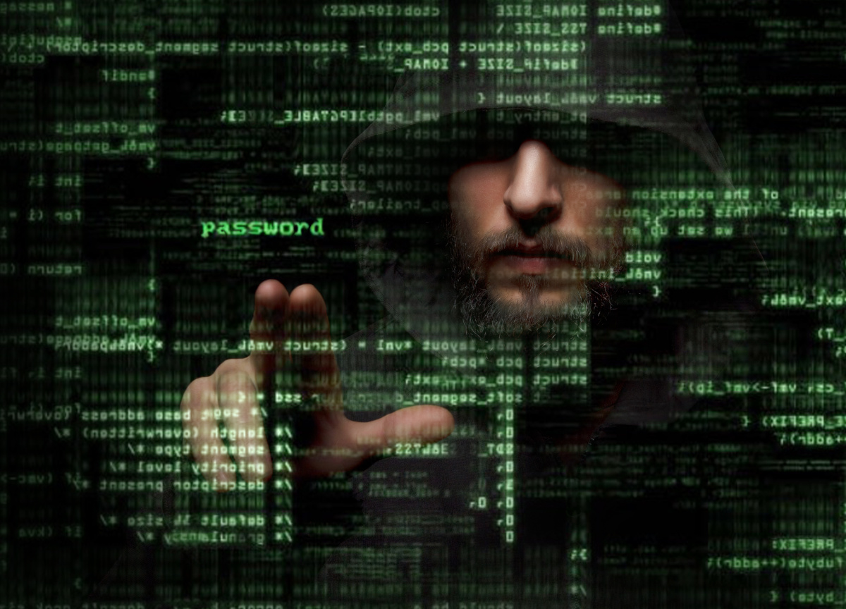 Hacker working in green digital background
