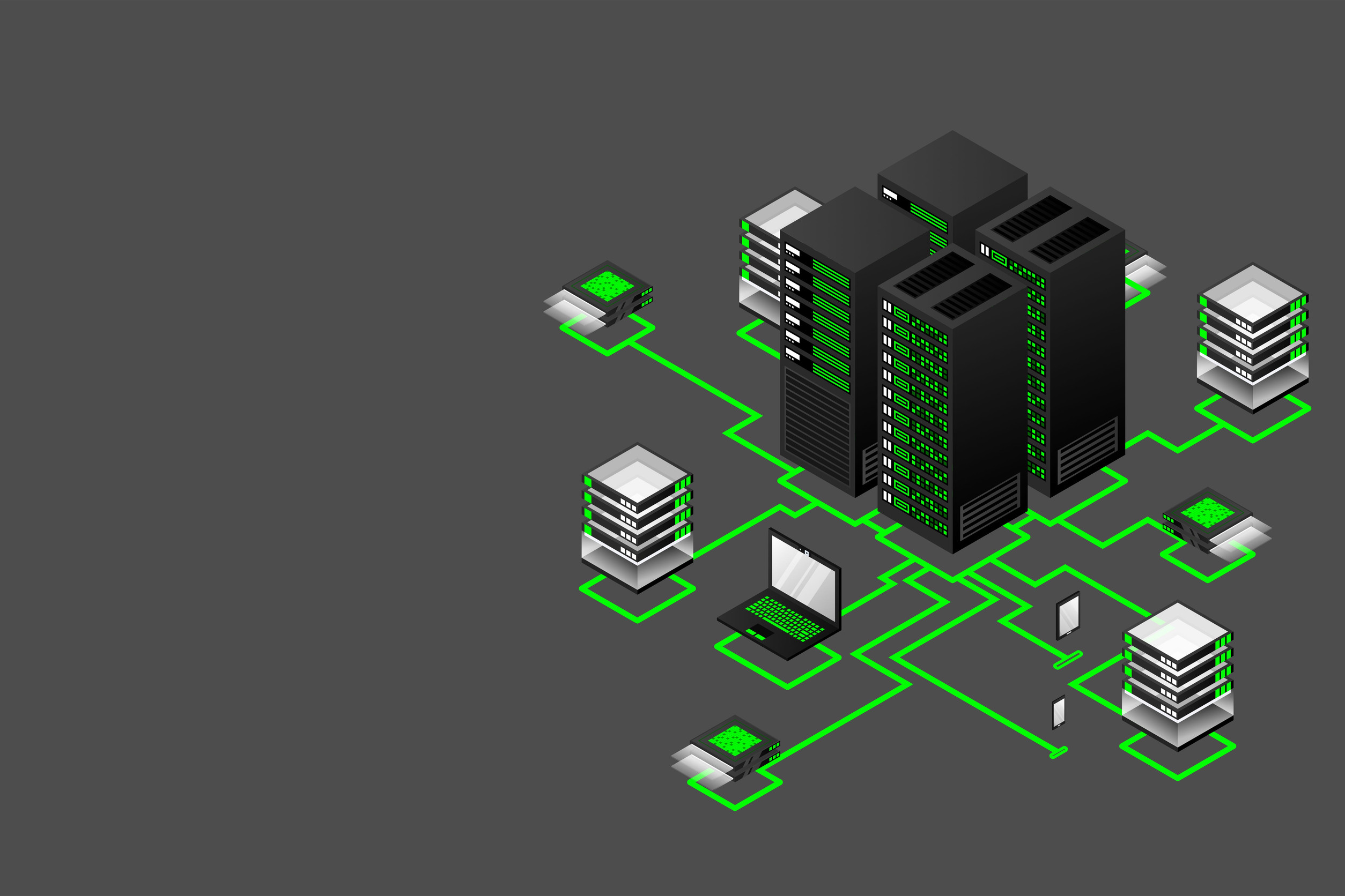 Isometric illustration of servers, laptops, and network devices linked by green data lines