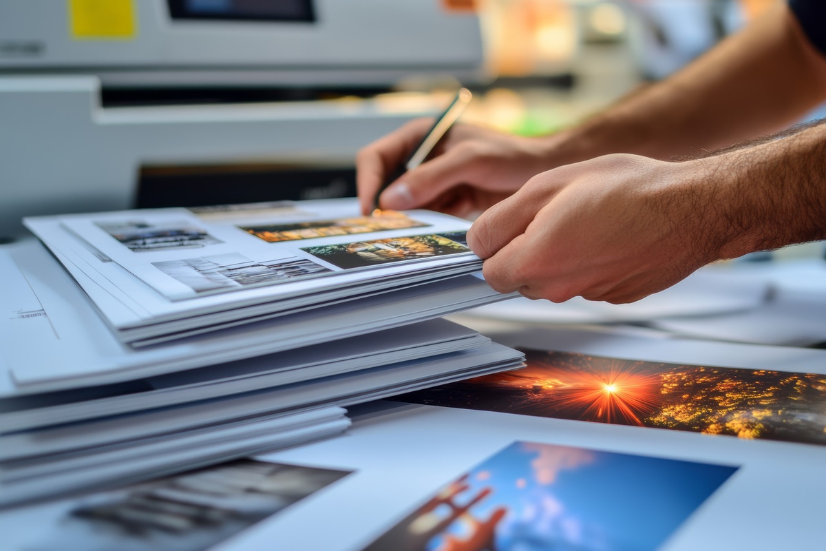 Printed images on an office desk.