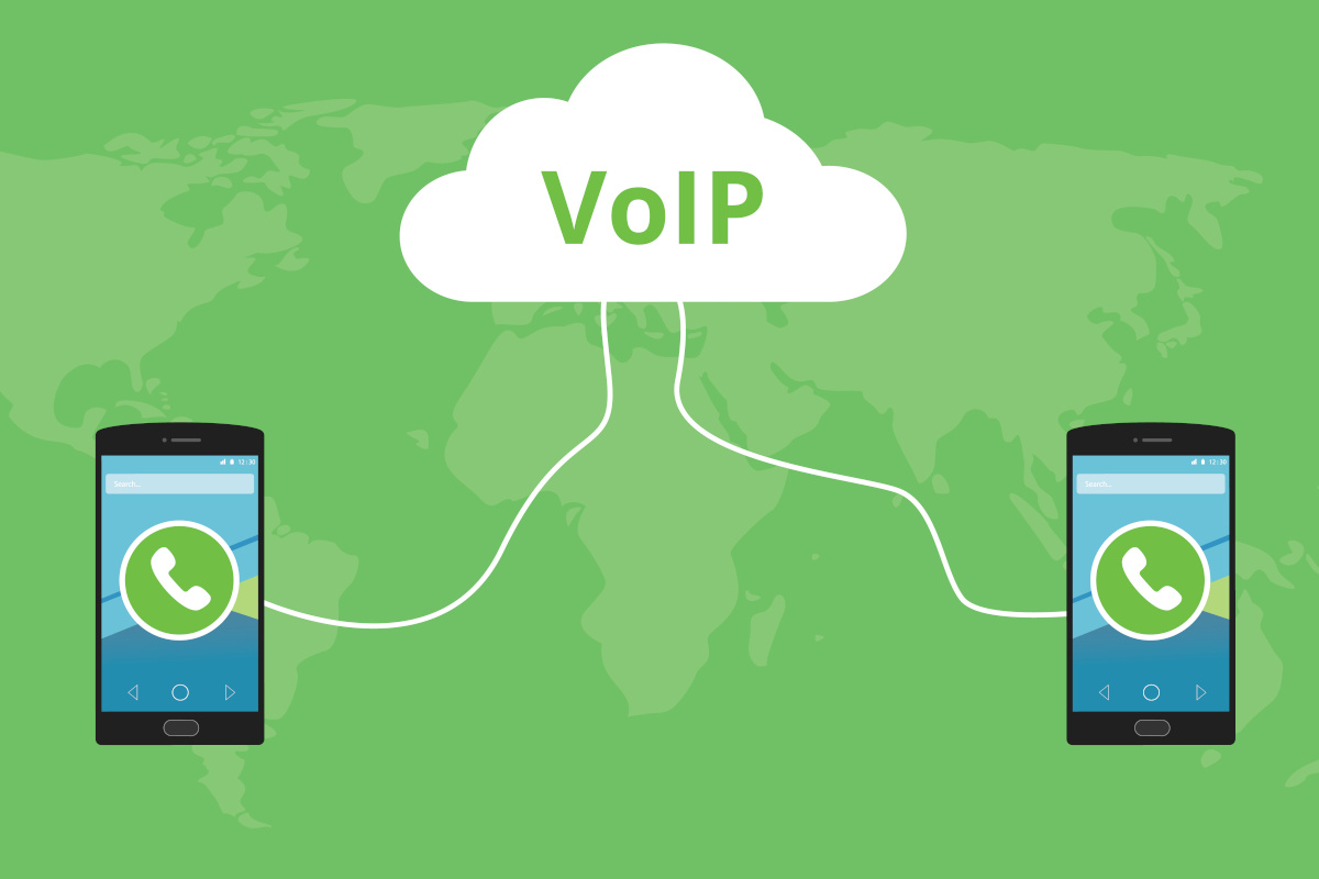 An illustration of two mobile phones connected by a cloud with the word VoIP inside the cloud