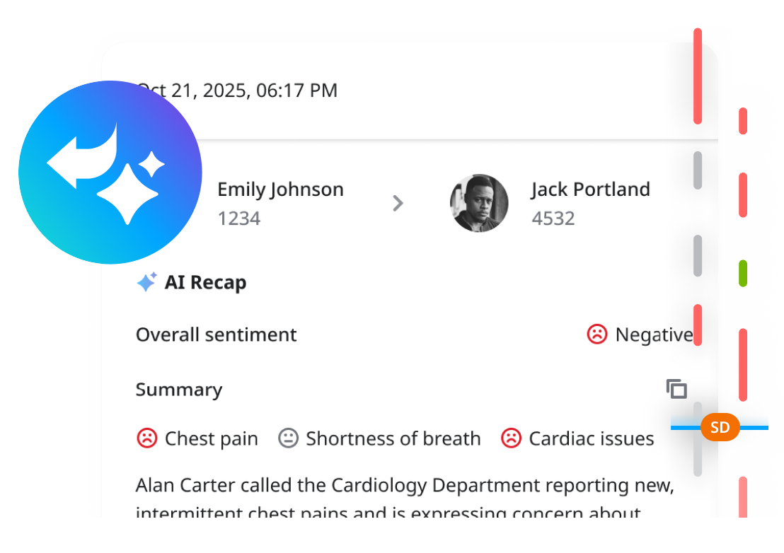 AI Recap interface showing call analysis with sentiment tracking, participant information, and actionable summary items