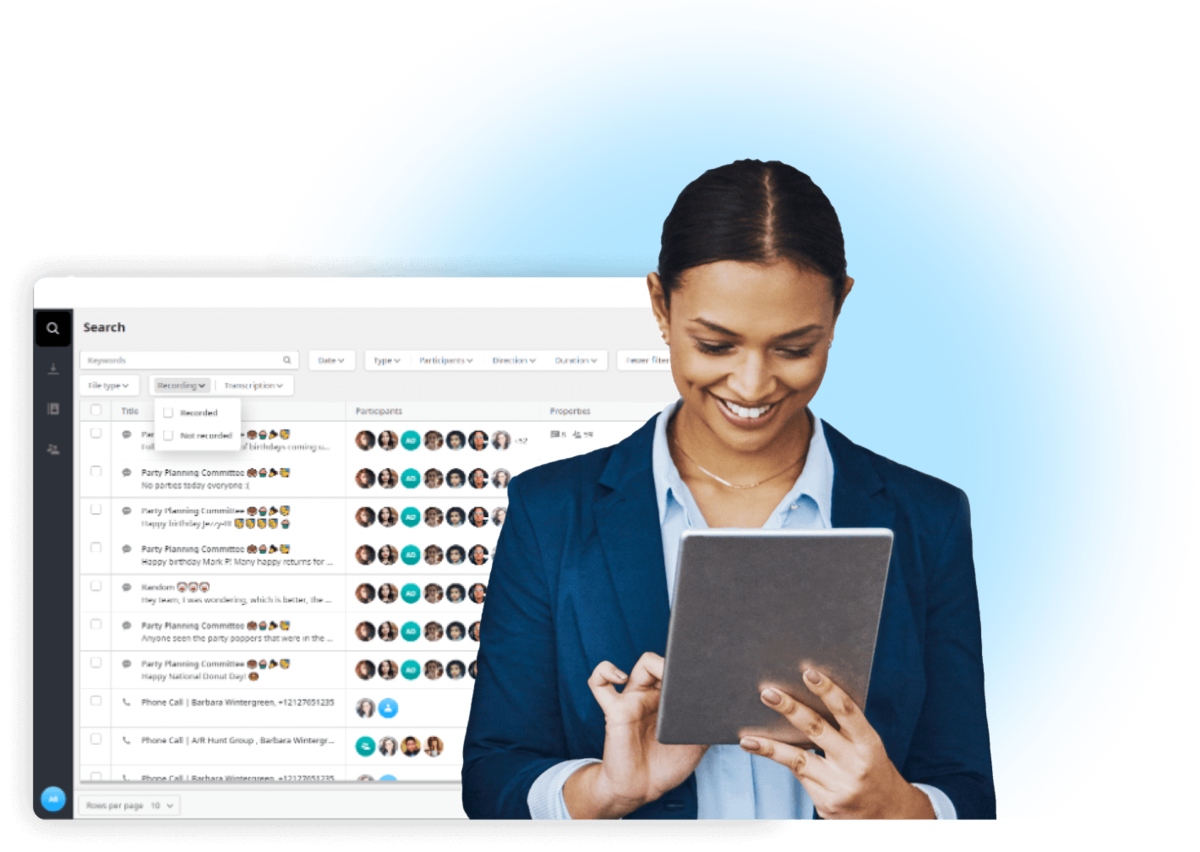 Woman using Intelligent Archiving platform to search and retrieve business communications with confidence and compliance support