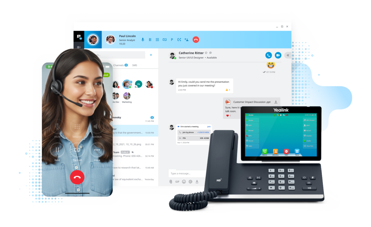 Woman on video call shown on mobile phone, desktop interface, and desk phone displaying Elevate unified communications