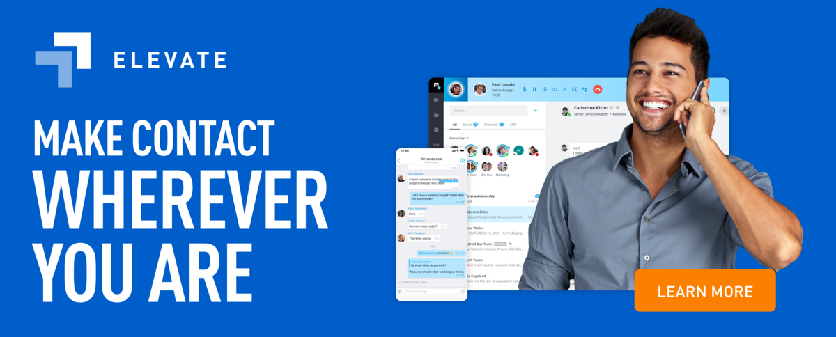 Man on phone call with Elevate interface showing contact management and communication features