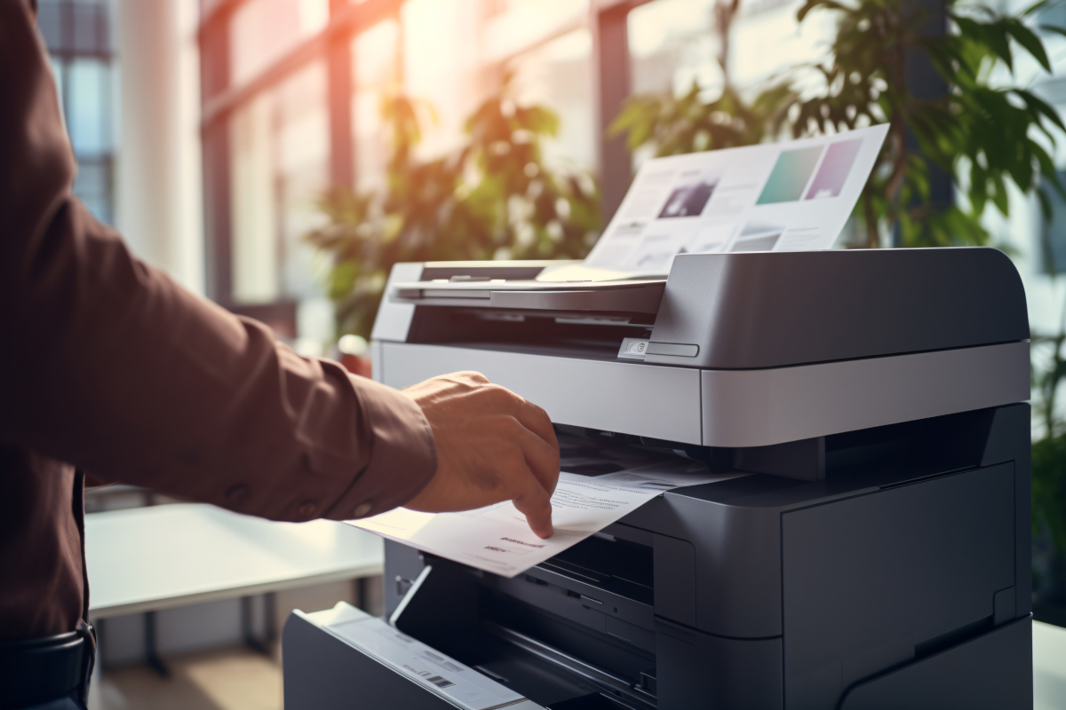 Person in office using a multifunction printer with papers.
