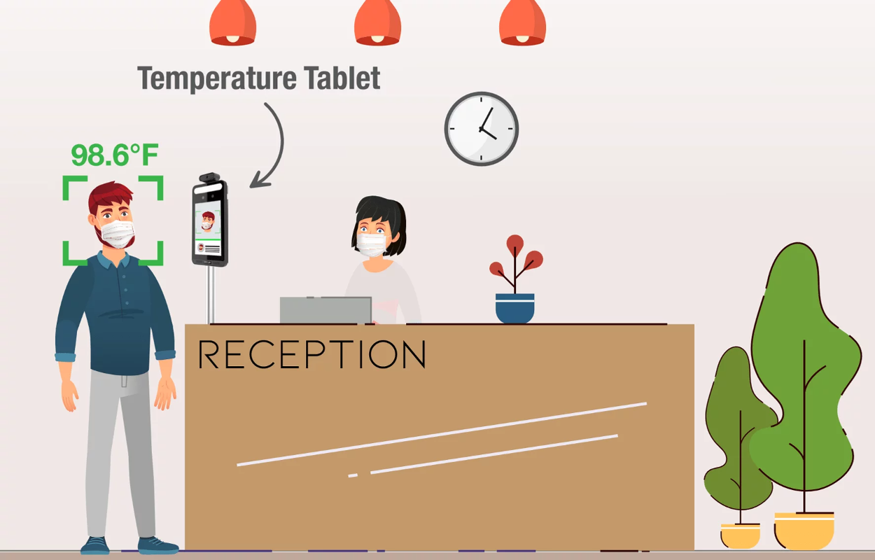Kiosk graphic showing touch-less temperature screening