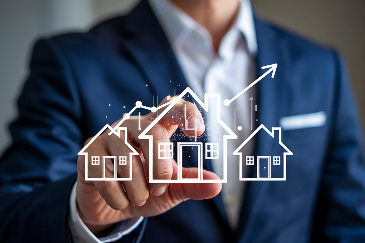 A person in a suit points to transparent house icons with connecting lines and an upward arrow.