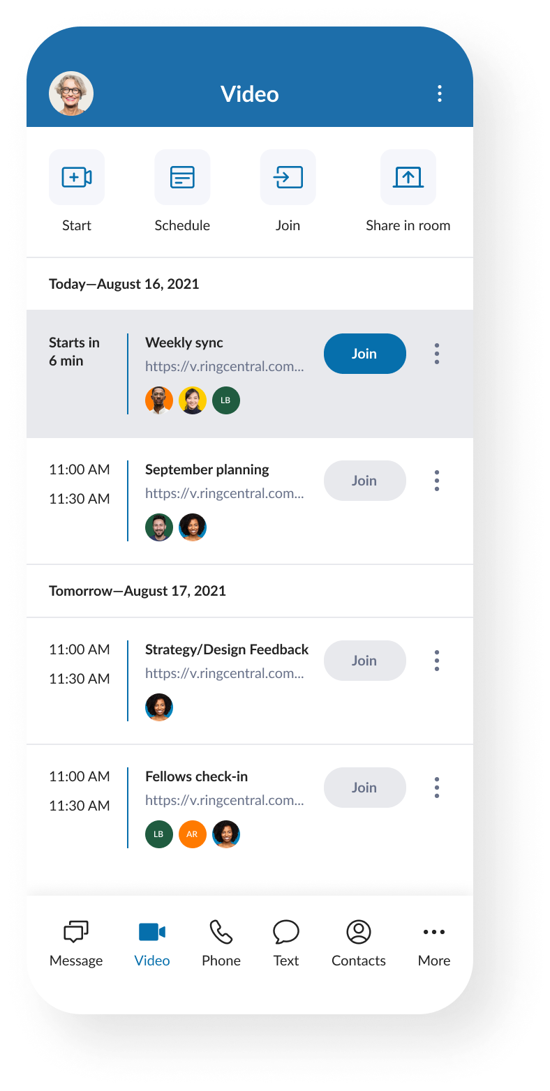 Video meeting schedule displayed on a smartphone screen.