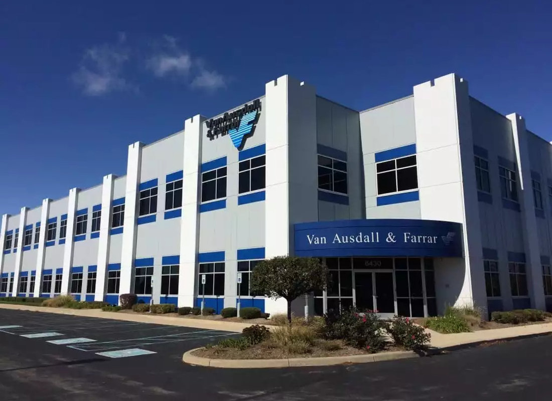 Angle view of front entrance to Van Ausdall & Farrar office building